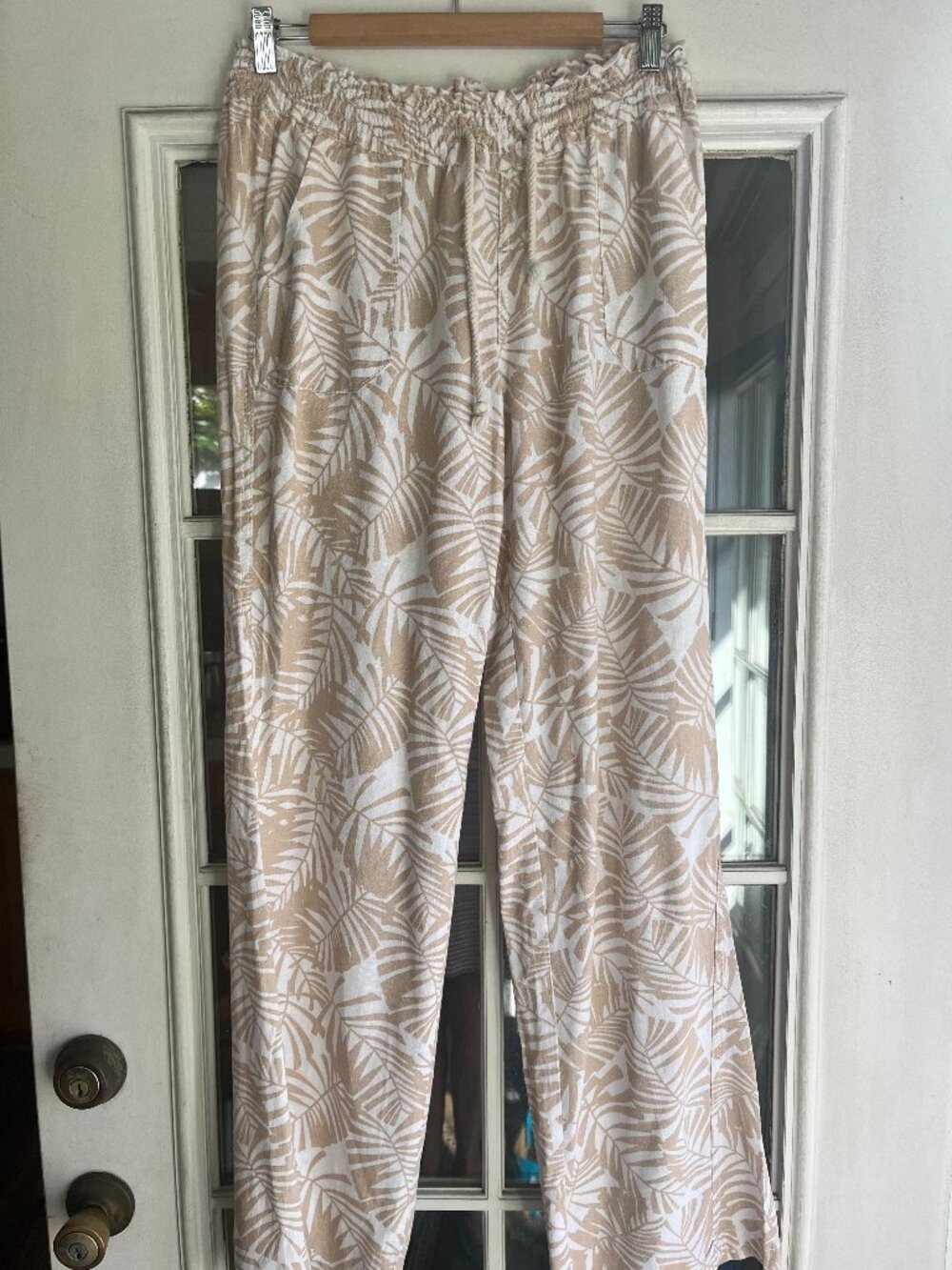 Cali 1850 Linen Blend Pants Womens Large Tan Tropical Palm Leaf Print Boho